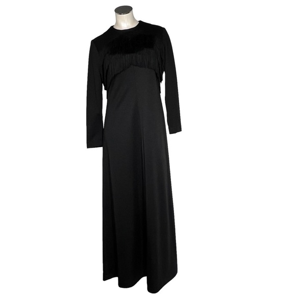 VINTAGE Long Sleeve Black Fringe Evening Gown Cocktail Dress Size 4-6 Medium - Picture 2 of 16